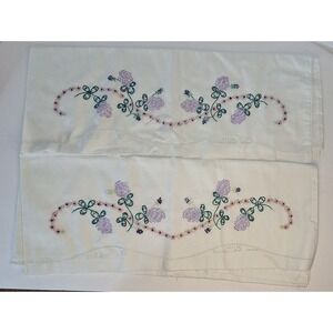 Vtg Lot Of 2 Pillowcases Embroidered Floral Purple Clover